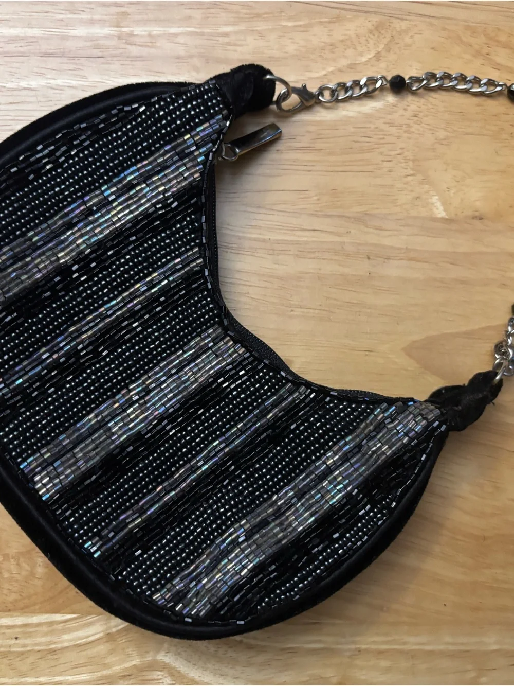 Black Beaded Shoulder Bag with Silver Chain Strap